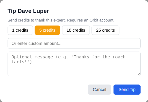 Tip modal showing preset credit amounts and optional message field